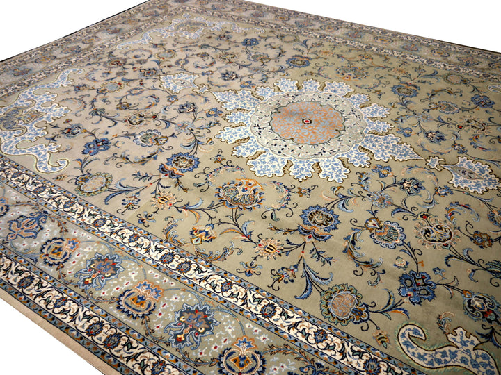 Full oblique view of the palatial Kashan rug, sage-green floral field — 12102