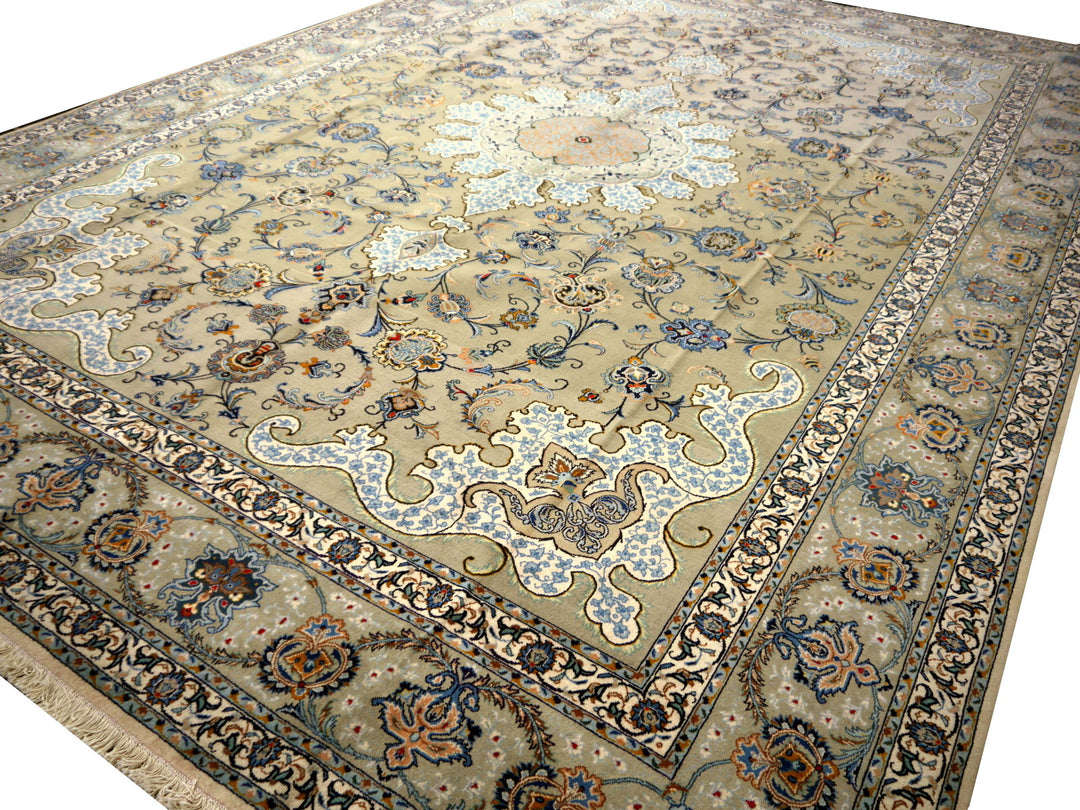 Full view of the Kashan rug showing the ivory cloud-band corners and celadon border — 12102