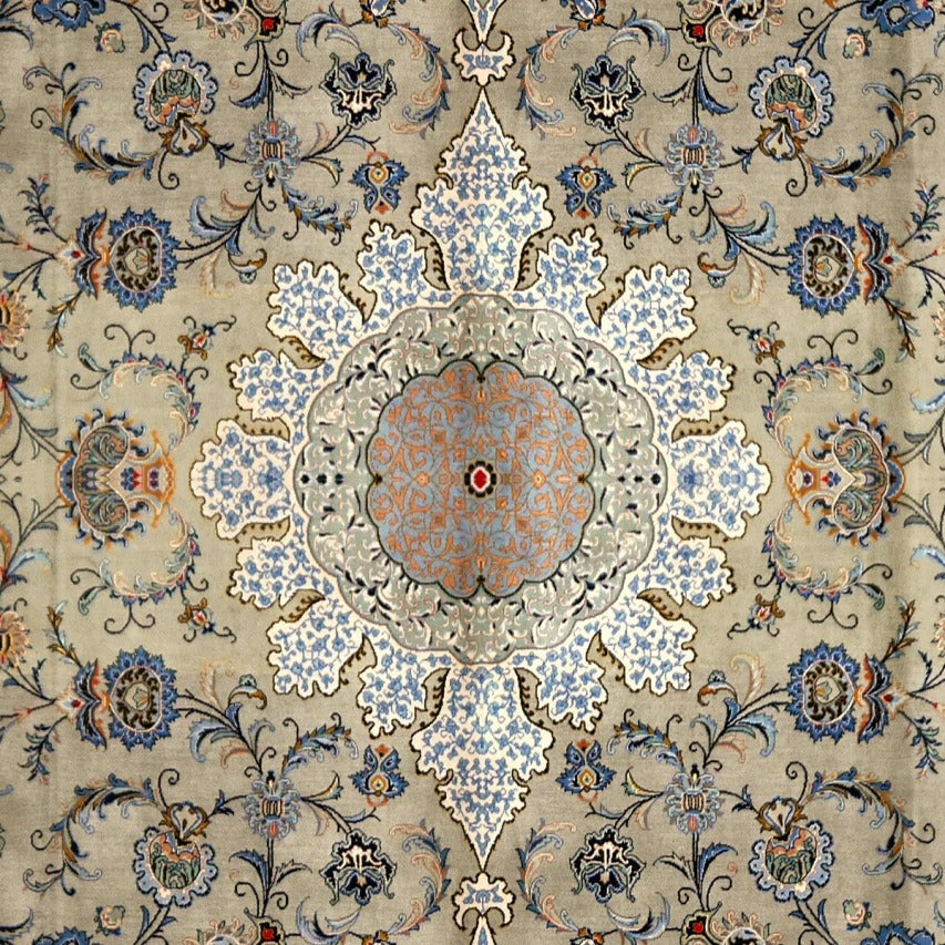 The palatial Kashan rug fully rolled out, sage-green ground with central medallion — 12102