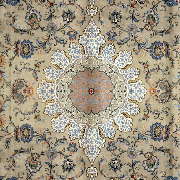 The palatial Kashan rug fully rolled out, sage-green ground with central medallion — 12102