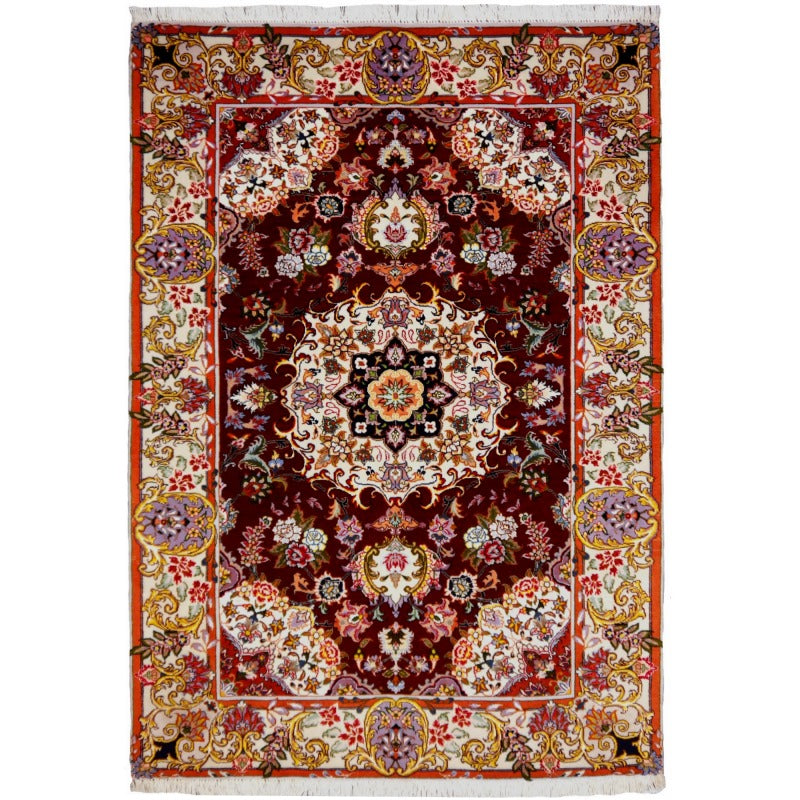 Tabriz rug 150 × 100 cm red floral medallion, full view – Djoharian 12250