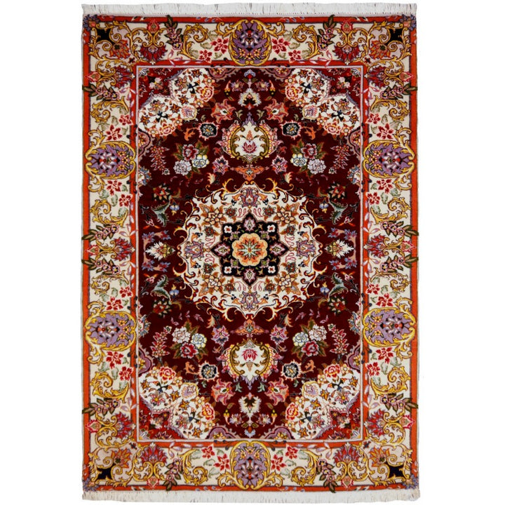 Tabriz rug 150 × 100 cm red floral medallion, full view – Djoharian 12250