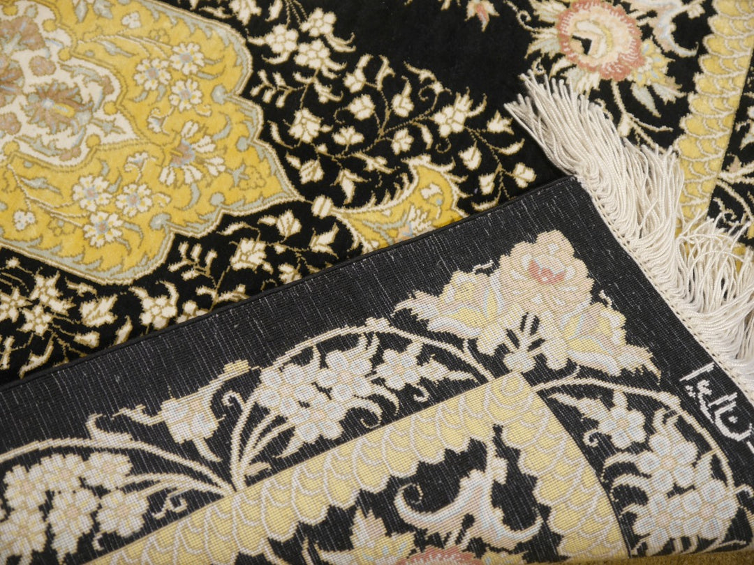 Qum silk rug full view, black ground – 13195