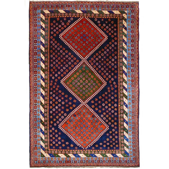 Loribaft Aghamiri tribal rug 300 × 201 cm, three diamond medallions on indigo field, full view – Djoharian 13342