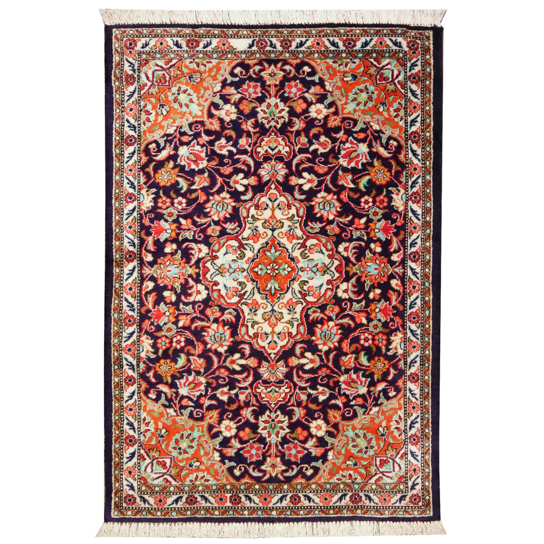 Fine Persian Ghom Silk Rug 13631 with navy blue field and beige medallion, 84 x 57 cm 3 x 2 ft