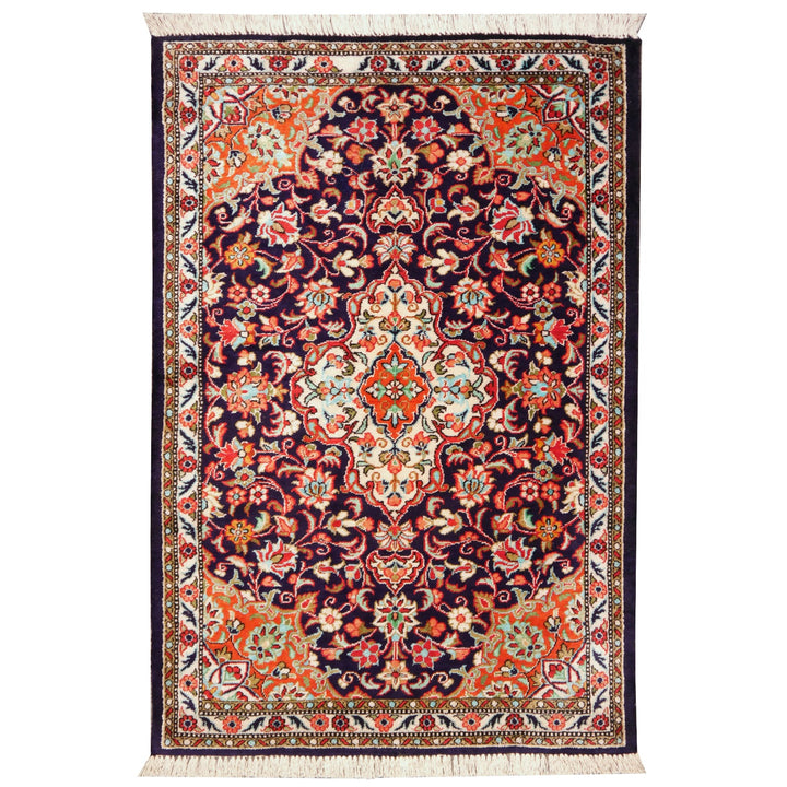 Fine Persian Ghom Silk Rug 13631 with navy blue field and beige medallion, 84 x 57 cm 3 x 2 ft