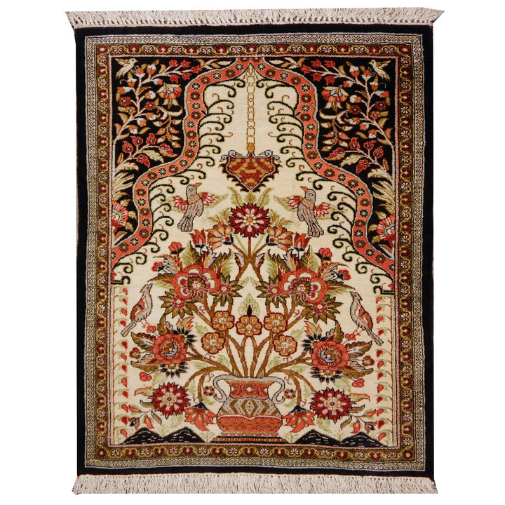 Wall decoration silk rug.
Qum Ghom Silk Classic Medaillon Rug hand-knotted super fine 2.3 x 2.1 ft - 70 x 65 cm.&nbsp;
An authentic QUM SILK rug with finest silk.