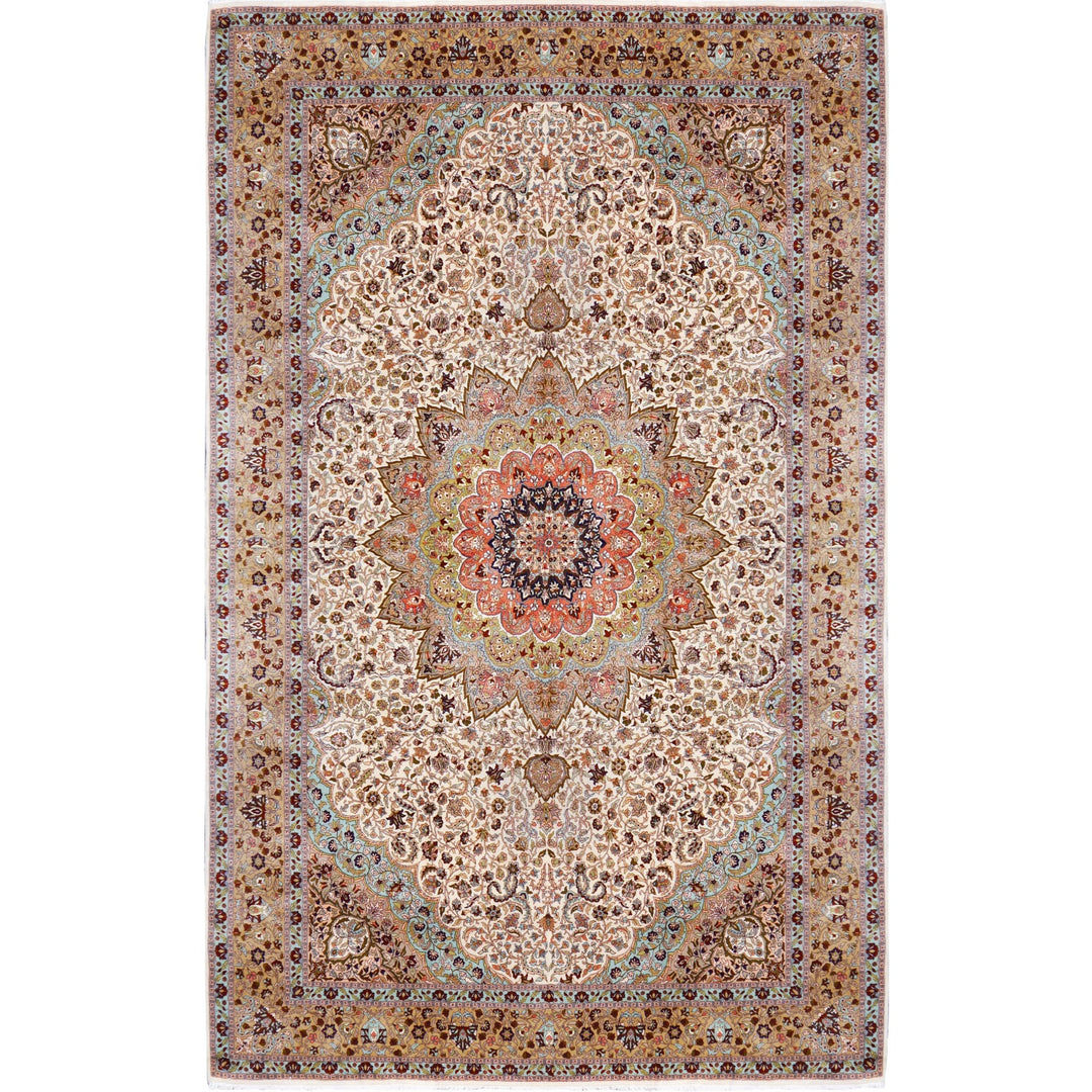 Vintage Hereke Turkish palace rug 500 × 330 cm, turquoise and beige medallion design — front view