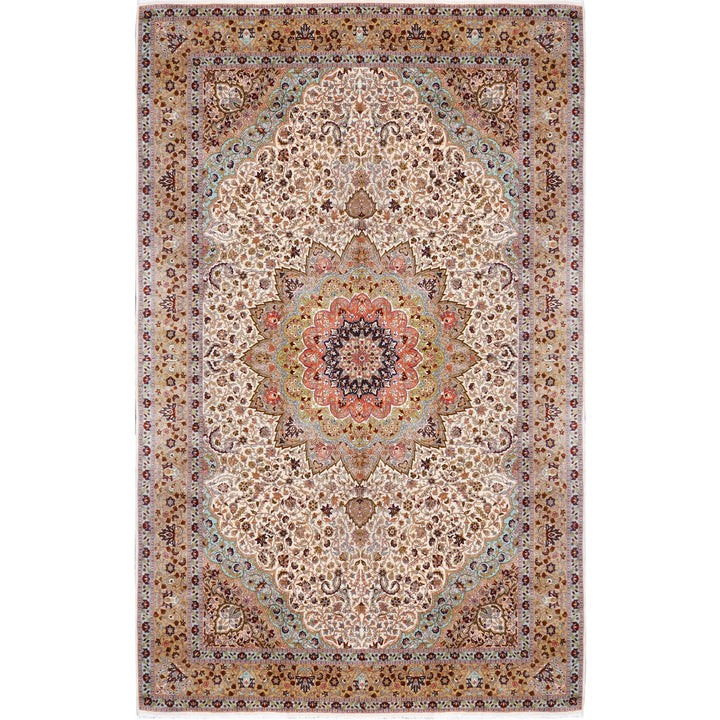 Vintage Hereke Turkish palace rug 500 × 330 cm, turquoise and beige medallion design — front view