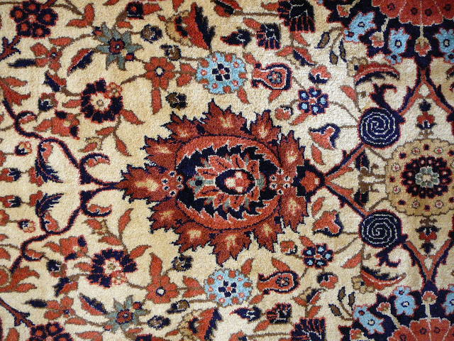 Mughal Agra rug, Tabriz Petag design, beige and brown floral field — detail