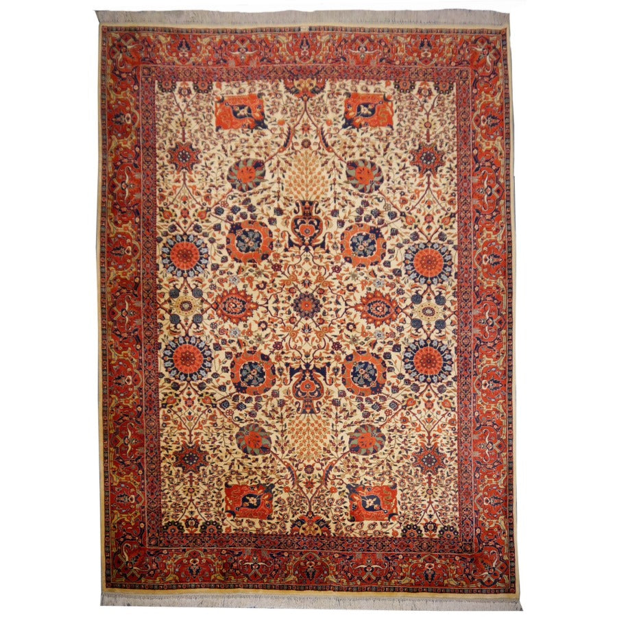 Mughal Agra rug in vintage Tabriz design, beige, 343 × 260 cm, hand-knotted — full view