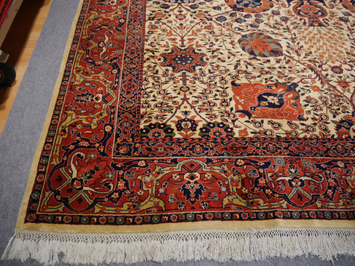 Mughal Agra rug Tabriz design, beige palette, floral border — close detail