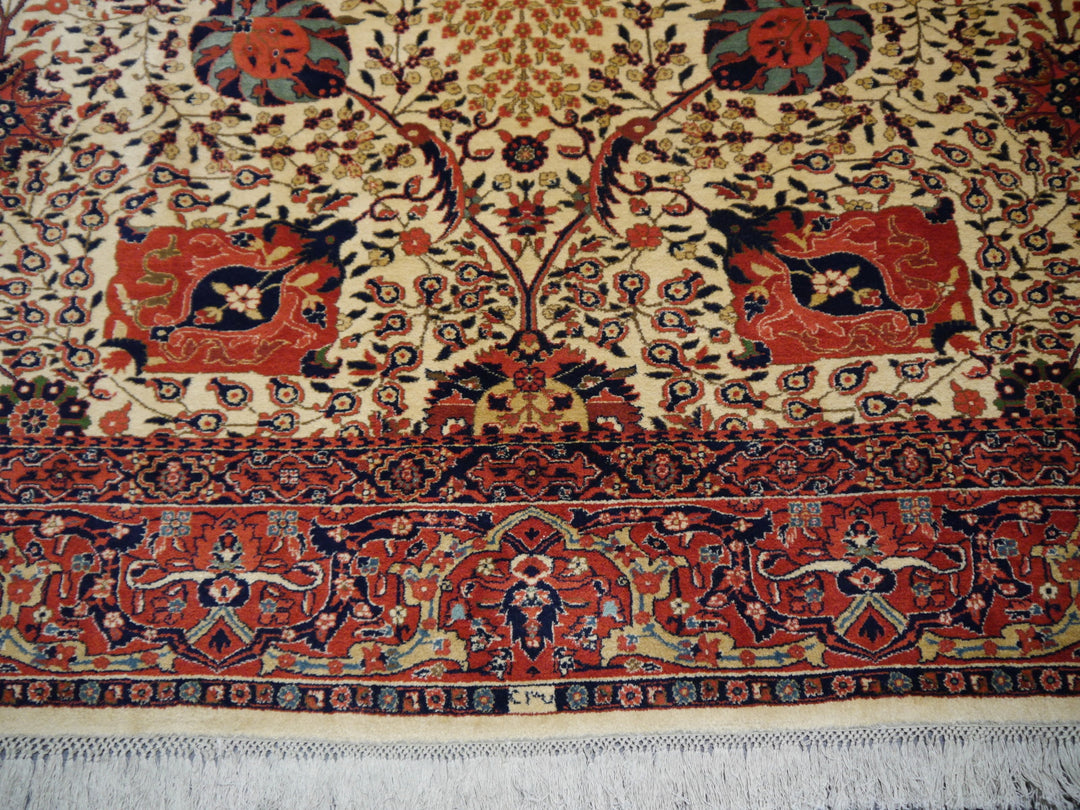 Vintage-look Mughal Agra rug, central medallion, hand-knotted wool — angled view