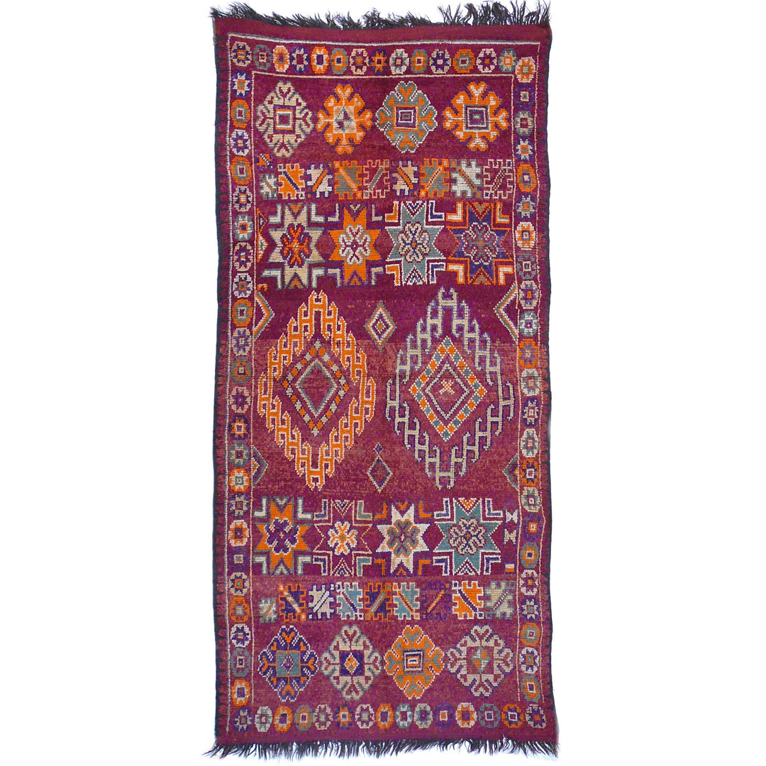 Vintage Boujad Moroccan Berber rug 310 × 140 cm in berry, blue and orange — full overview