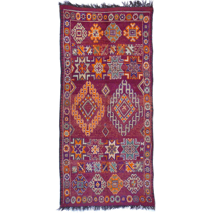 Vintage Boujad Moroccan Berber rug 310 × 140 cm in berry, blue and orange — full overview