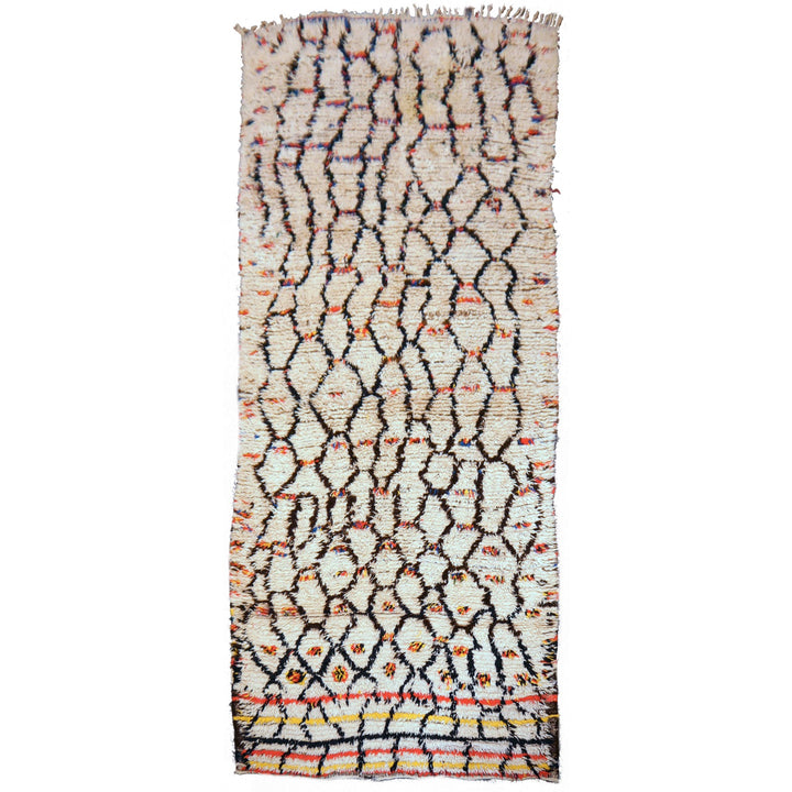 Vintage Azilal Berber rug 340 × 150 cm — full overview, geometric motifs on bright field