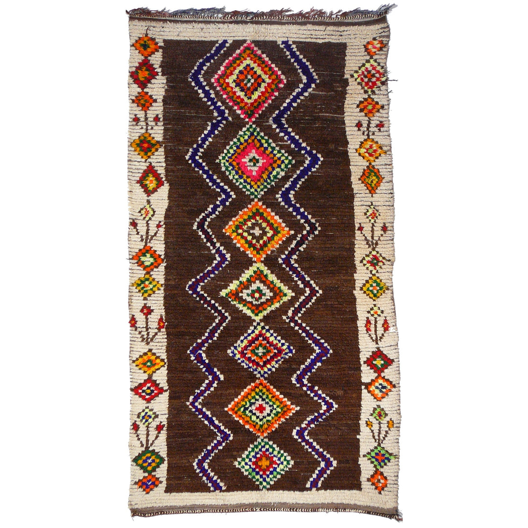 Vintage Azilal Berber rug 290 × 150 cm — full overview, diamond field in brown and beige