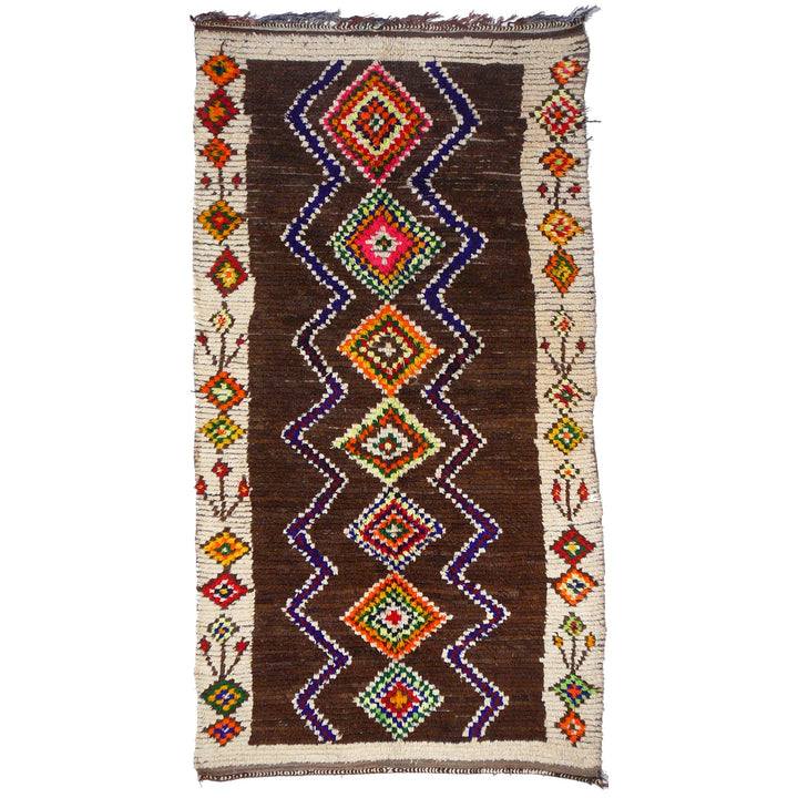 Vintage Azilal Berber rug 290 × 150 cm — full overview, diamond field in brown and beige