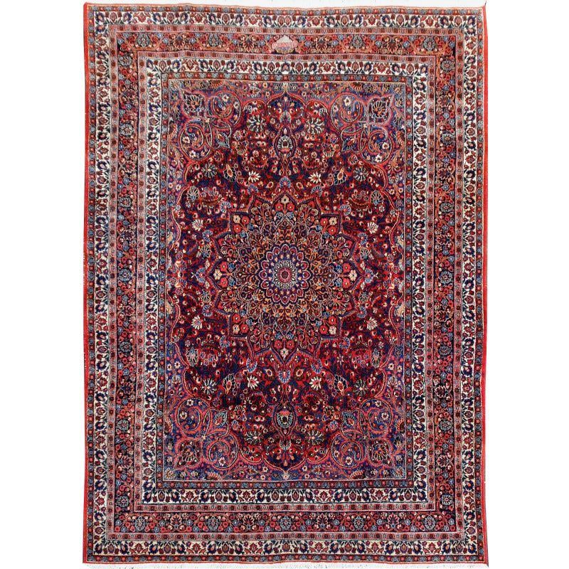 Signed semi-antique Doroksh Persian rug from the Khorasan region of Iran, c. 1925–1950, hand-knotted wool, 350 × 265 cm, radiant central floral medallion in carmine red, midnight blue, ivory and gold | Djoharian 14696