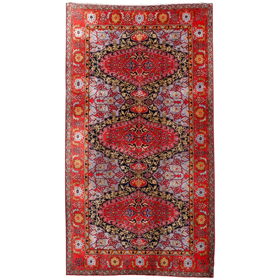 Semi-antique Oushak medallion rug 412 × 228 cm, red and navy — Djoharian 14757