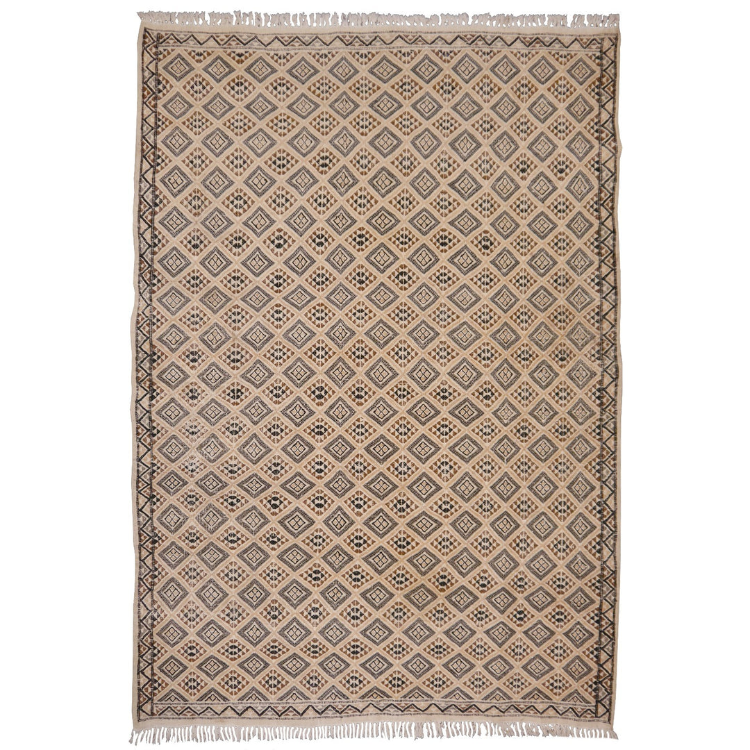 Vintage Moroccan Berber Kilim 240×162 cm – hand-woven and embroidered, beige grey brown