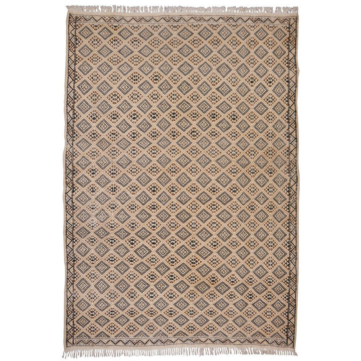 Vintage Moroccan Berber Kilim 240×162 cm – hand-woven and embroidered, beige grey brown