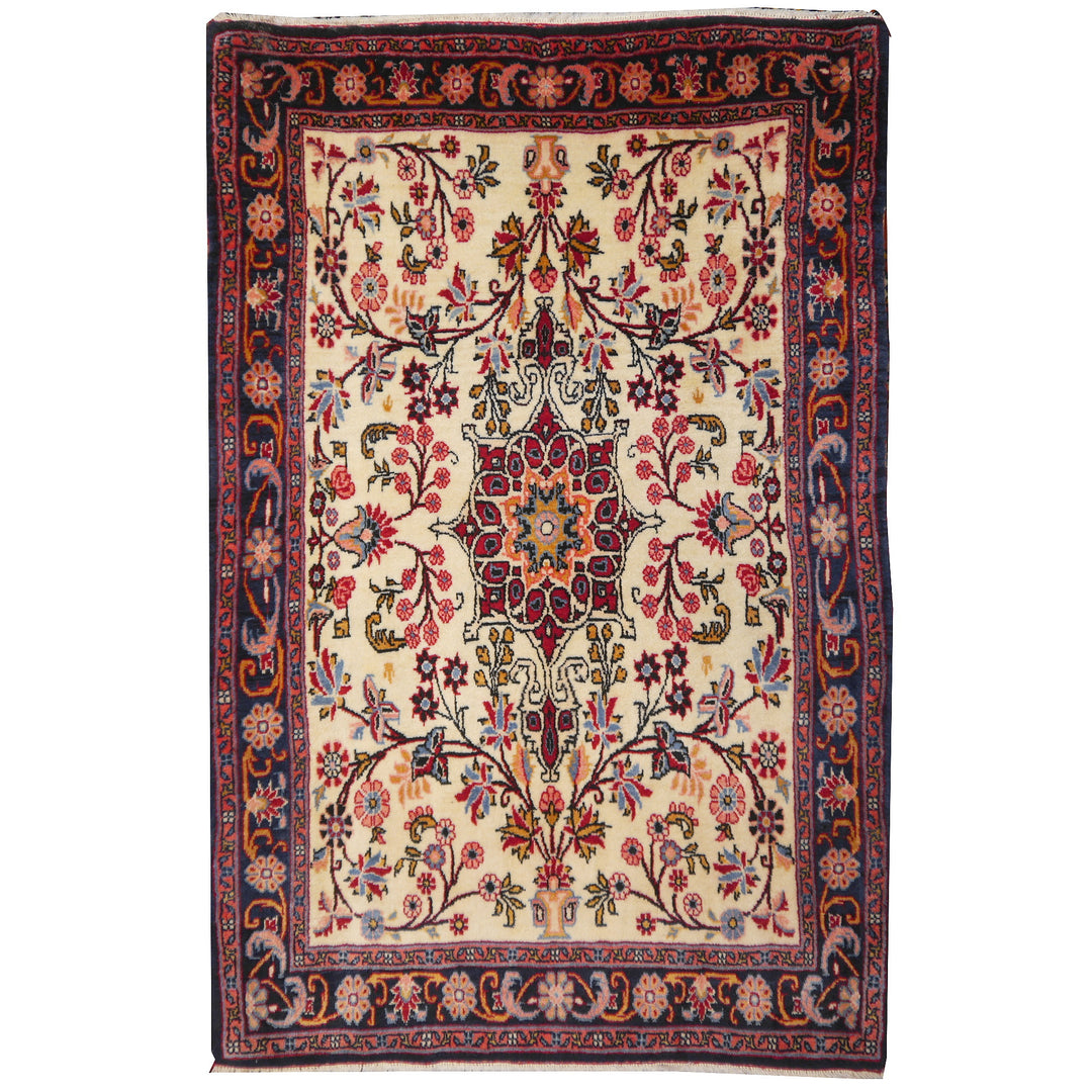 Fine hand-knotted Vintage Rose-Bidjar Persian rug, 3.7 x 2.5 ft, ivory field with blue border and rust medallion 01
