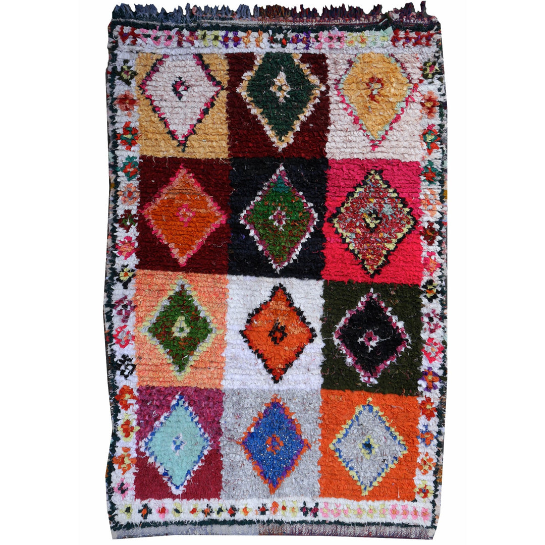 Vintage Khozema Boucherouite Teppich Marokko 230×140 cm – Gesamtansicht