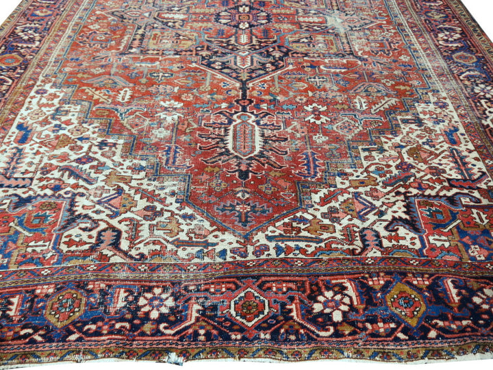 Antique Heriz rug hand knotted wool 13 x 10 ft | 400 x 300 cm Persian antique rug, distressed, muted, worn to perfection. Perfect for living room, dining room, bedroom, entry or office.
