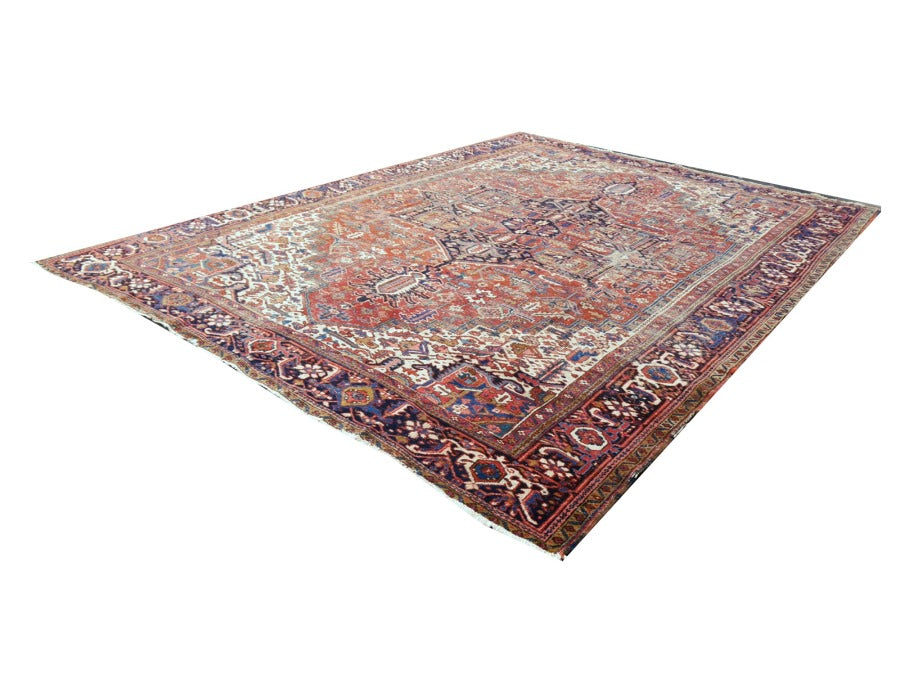 Antique Heriz rug hand knotted wool 13 x 10 ft | 400 x 300 cm Persian antique rug, distressed, muted, worn to perfection. Perfect for living room, dining room, bedroom, entry or office.