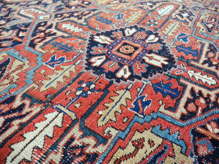 Antique Heriz rug hand knotted wool 13 x 10 ft | 400 x 300 cm Persian antique rug, distressed, muted, worn to perfection. Perfect for living room, dining room, bedroom, entry or office.