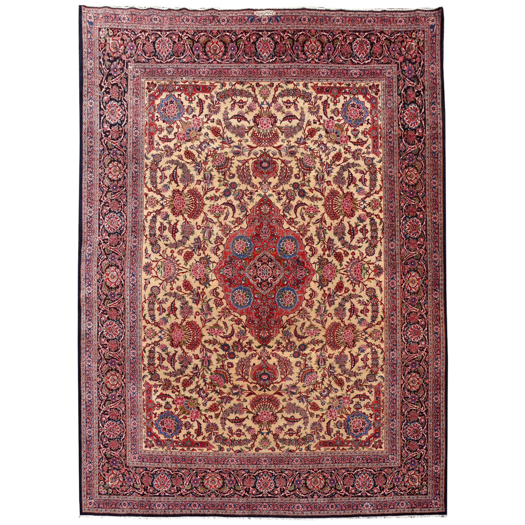 Antique Kashan Dabir rug 375 x 273 cm, ivory ground with floral roses, hand-knotted wool — 15561