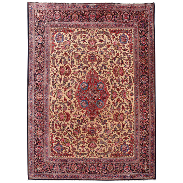 Antique Kashan Dabir rug 375 x 273 cm, ivory ground with floral roses, hand-knotted wool — 15561