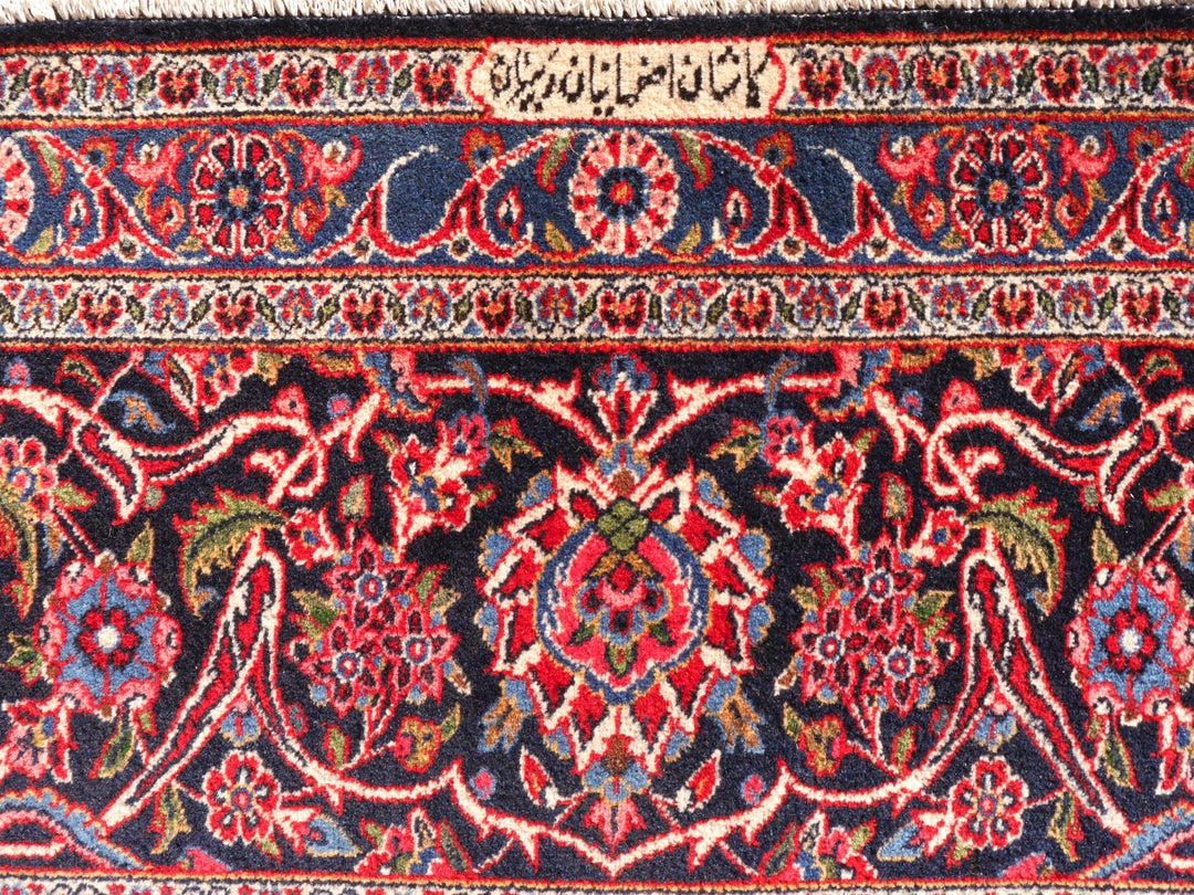 Antique Kashan Dabir rug detail, floral field roses and leaves — 15561
