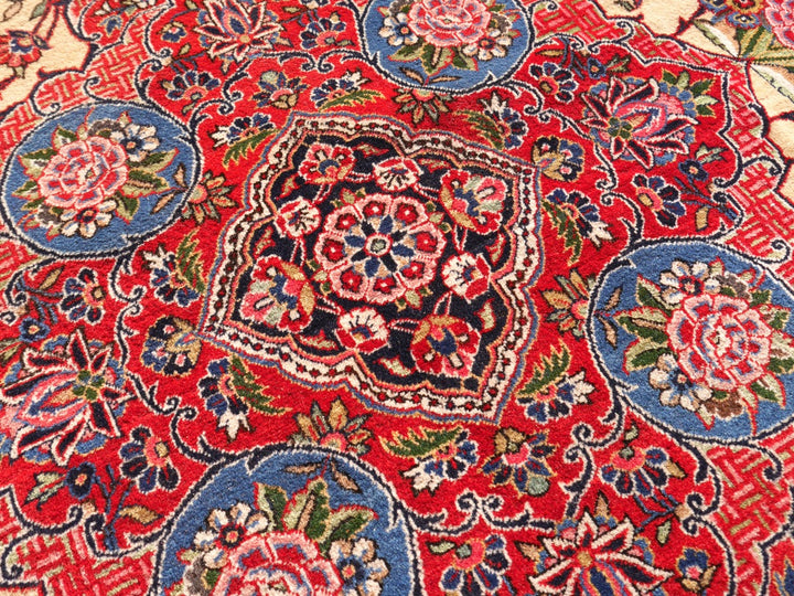Antique Kashan Dabir rug full view, ivory ground — 15561