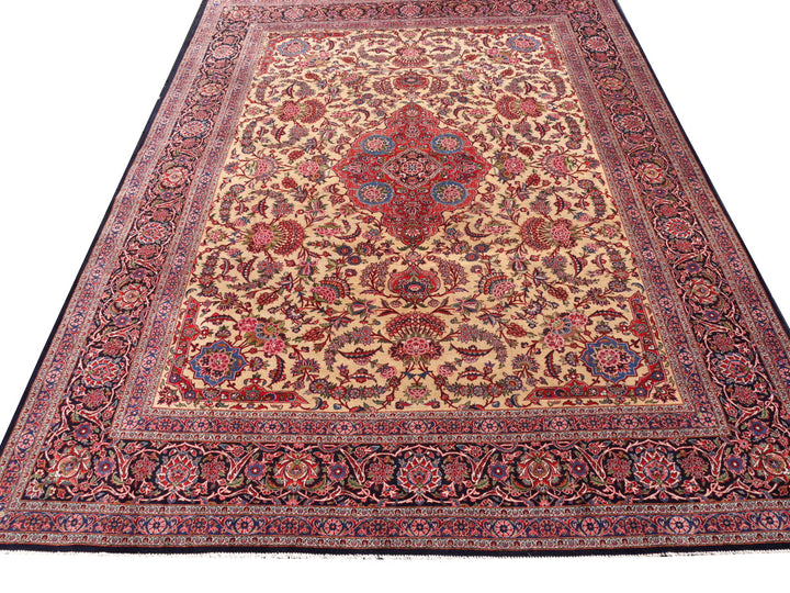 Antique Kashan Dabir rug detail, floral border, ivory and rose — 15561