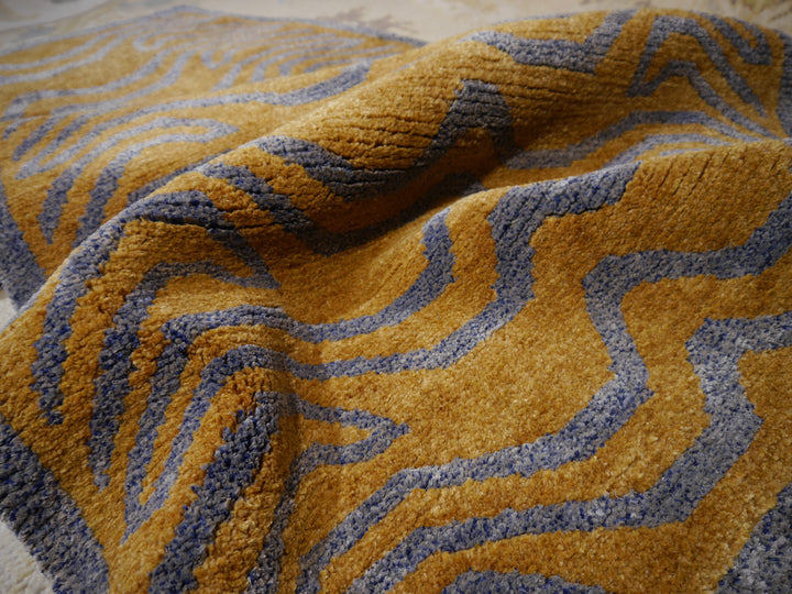 16070 Tibetan Tiger Silk Rug 6 x 3 ft Amber Blue