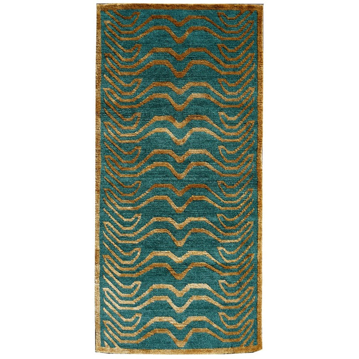 15701 Tibetan Tiger Rug 6 x 3 ft Emerald Wool Gold Silk