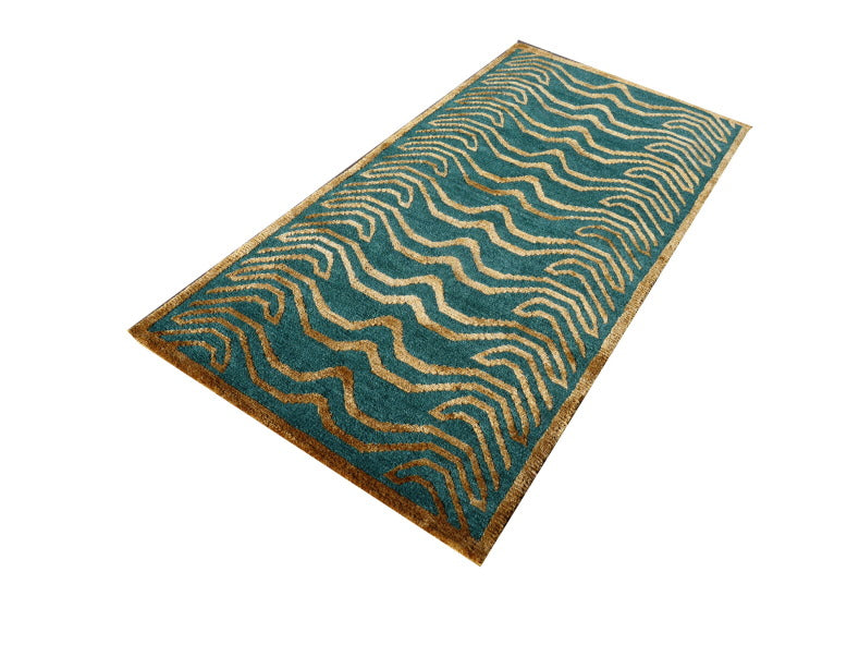 15701 Tibetan Tiger Rug 6 x 3 ft Emerald Wool Gold Silk