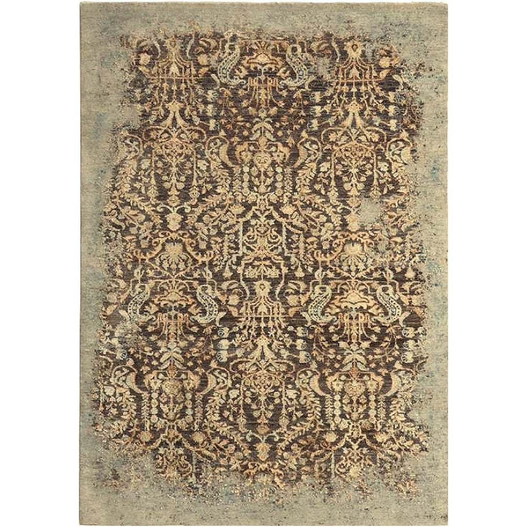 Erased vintage designer rug in merino wool and Matka silk, hand-knotted in India, 244 × 174 cm, faded damask in amber, gold and blue | Djoharian 16218