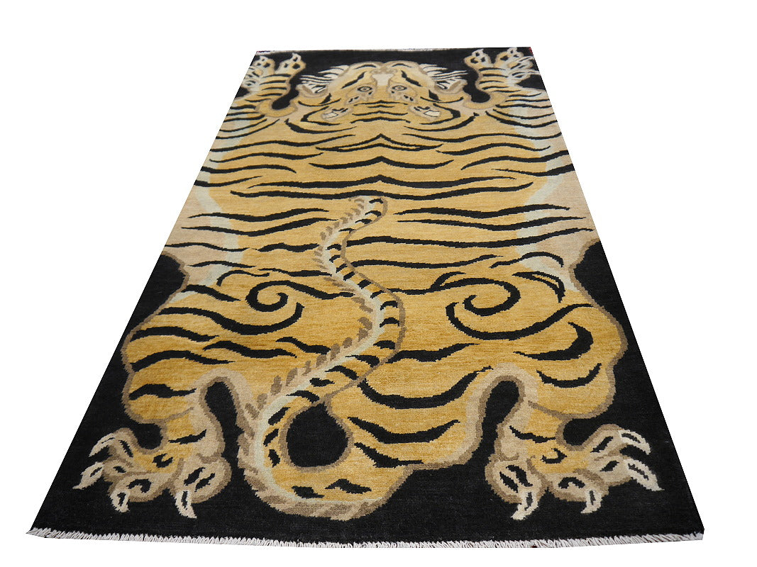 Handknotted Grey, Black, and Cream Hunting Tiger Rug, 3'6x5