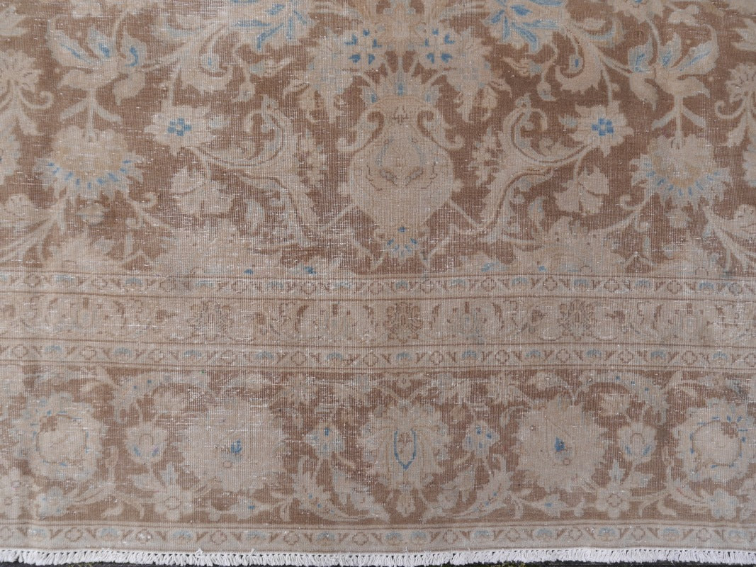 ANTIQUE VINTAGE PERSIAN RUG - MUTED BOWN & BLUE HAND KNOTTED CARPET 13.1 x 9 ft