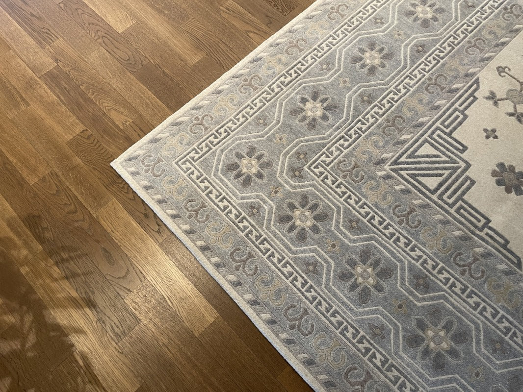 Khotan rug 18 x 9 ft wool silk white grey