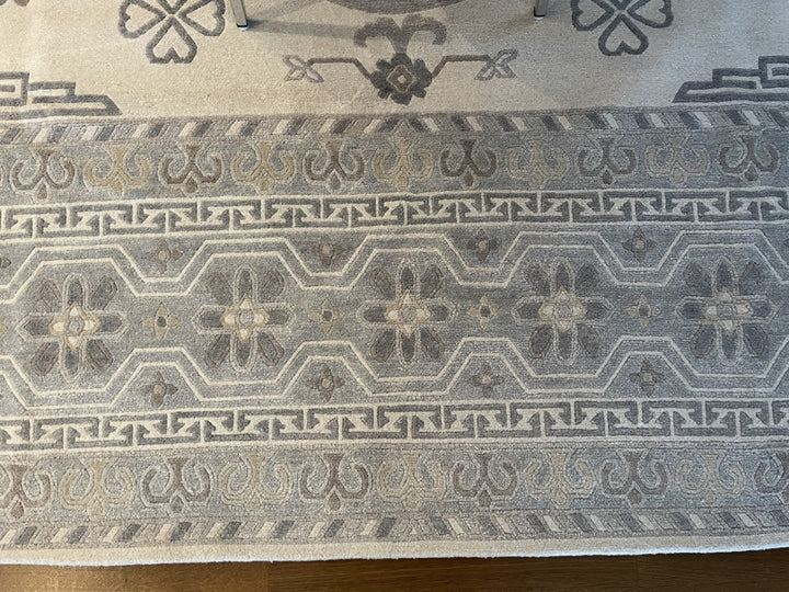 Khotan rug 18 x 9 ft wool silk white grey