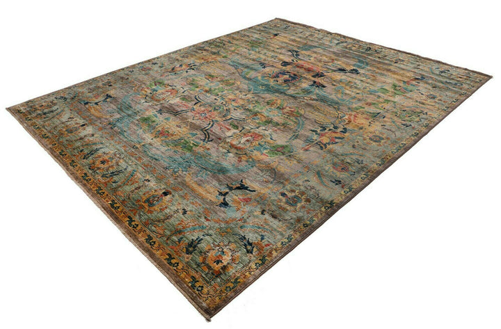 This beautiful rug originated in rural Afghanistan, where it was hand-knotted by tribal weavers. The pile material is handspun wool that has been dyed with vegetable and mineral pigments. The motifs are made of silver-colored bamboo silk. It is of excellent quality with a subtle sheen and elegant organic colors. The design comes from ancient Persia. The style of this rug is known as a polonaise pattern and is typical of antique rugs from the Safavid Dynasty in the late 16th century. 