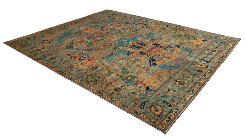 This beautiful rug originated in rural Afghanistan, where it was hand-knotted by tribal weavers. The pile material is handspun wool that has been dyed with vegetable and mineral pigments. The motifs are made of silver-colored bamboo silk. It is of excellent quality with a subtle sheen and elegant organic colors. The design comes from ancient Persia. The style of this rug is known as a polonaise pattern and is typical of antique rugs from the Safavid Dynasty in the late 16th century. 