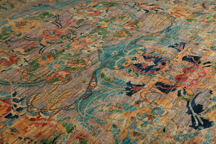 This beautiful rug originated in rural Afghanistan, where it was hand-knotted by tribal weavers. The pile material is handspun wool that has been dyed with vegetable and mineral pigments. The motifs are made of silver-colored bamboo silk. It is of excellent quality with a subtle sheen and elegant organic colors. The design comes from ancient Persia. The style of this rug is known as a polonaise pattern and is typical of antique rugs from the Safavid Dynasty in the late 16th century. 