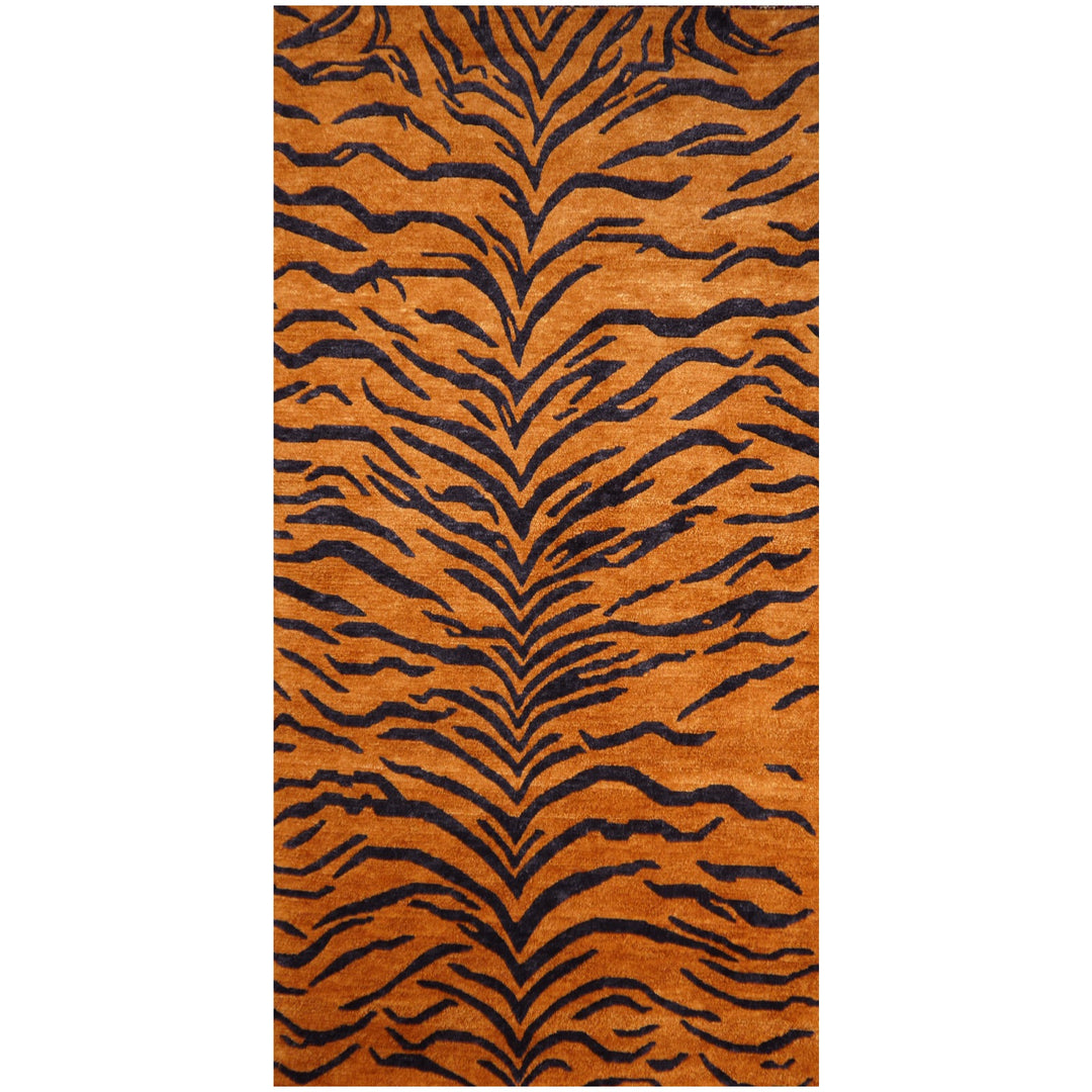 Tibetan rug Tiger 6 x 3 ft silk wool hand-knotted. Very fine quality "Elegance" 66% silk 34% Wool, Djoharian Collection 16469