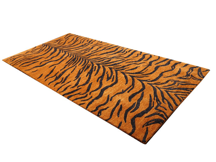 Tibetan rug Tiger 6 x 3 ft silk wool hand-knotted. Very fine quality "Elegance" 66% silk 34% Wool, Djoharian Collection 16469