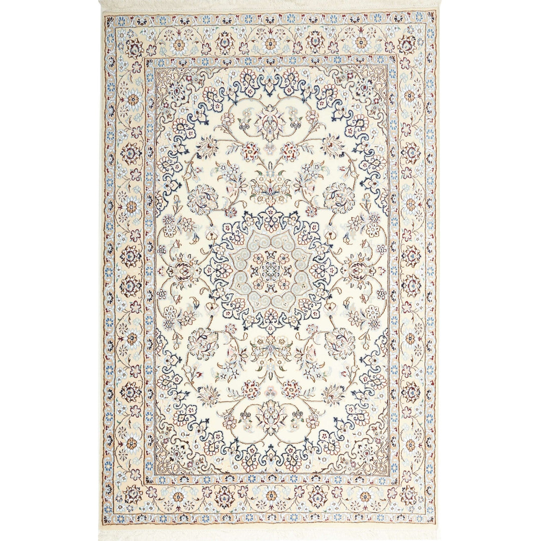 This fine, Persian rug is a typical piece in the popular traditional Nain design. The colors are a wool white field, beige border and light blue accents. The size is 203 x 132 cm, the quality is 9la. The round Medaillon is floral like the field and corners.